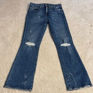 R13 Dark Blue Distressed Flare Jeans